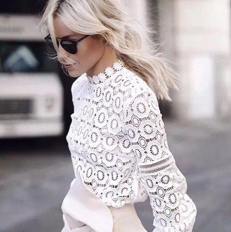 

2019 Elegant Floral Lace Blouse Shirt Women Lantern Sleeve White Blouse Spring Summer Hollow Out Tops Blouse Blusas