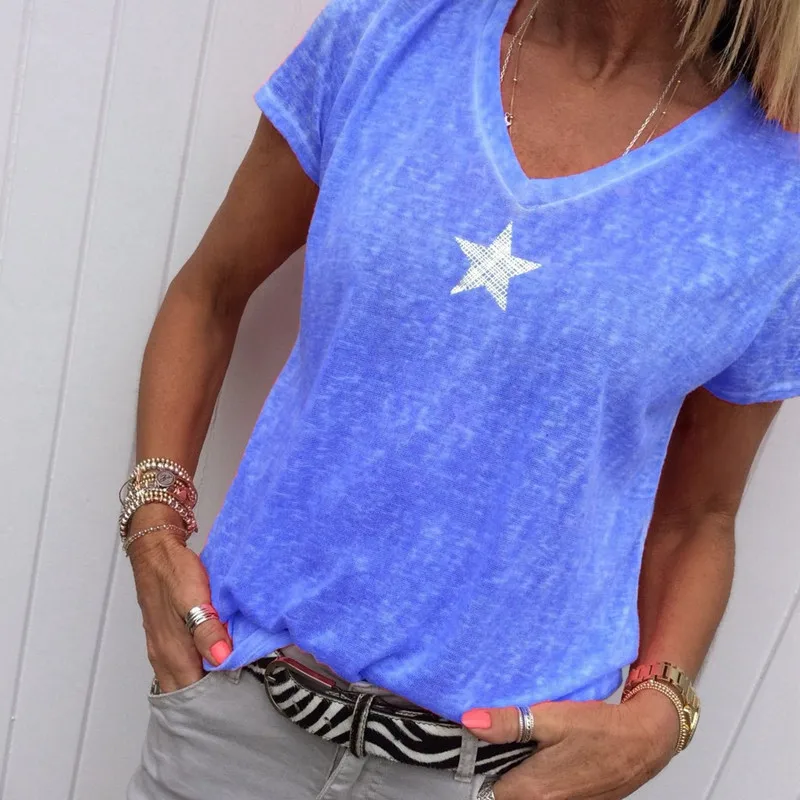 

2019 V Neck Star Knitting Women T-shirt Loose Casual Soft Summer Tops Plus Size 5XL Harajuku Shirt Camisetas Femininas Ey*
