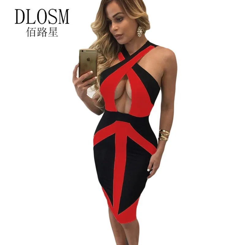 DLOSM Черный Фиолетовый Colorblock Крест Передняя С Плеча Bodycon Платье Халат Сексуальный
