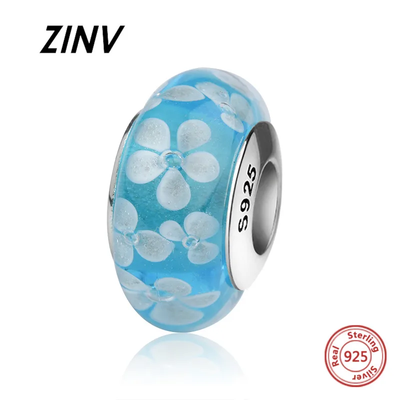 ZINV зеленый муранское стекло талисманы Серебро 925 бусины с лепестком цветка fit