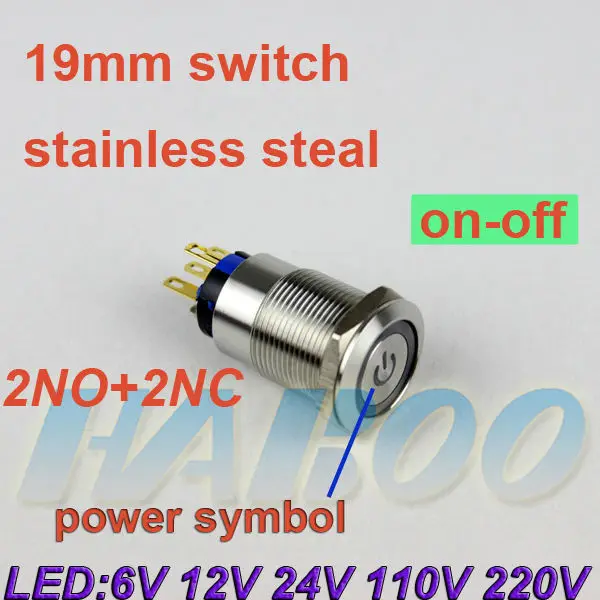 

10pcs/lot stainless steal push button switch with led dia.19mm power symbol head DPST anti-vandal on-off latching switch 250V 3A