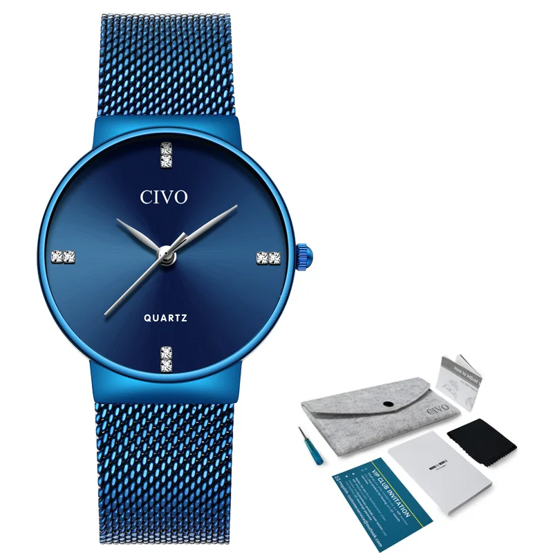 CIVO женские часы водонепроницаемые тонкие синие стальные сетчатые