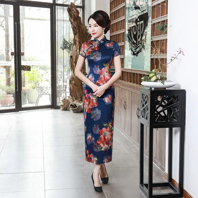 Китайский традиционный Cheongsam Для женщин шелковые платья Макси платье Леди