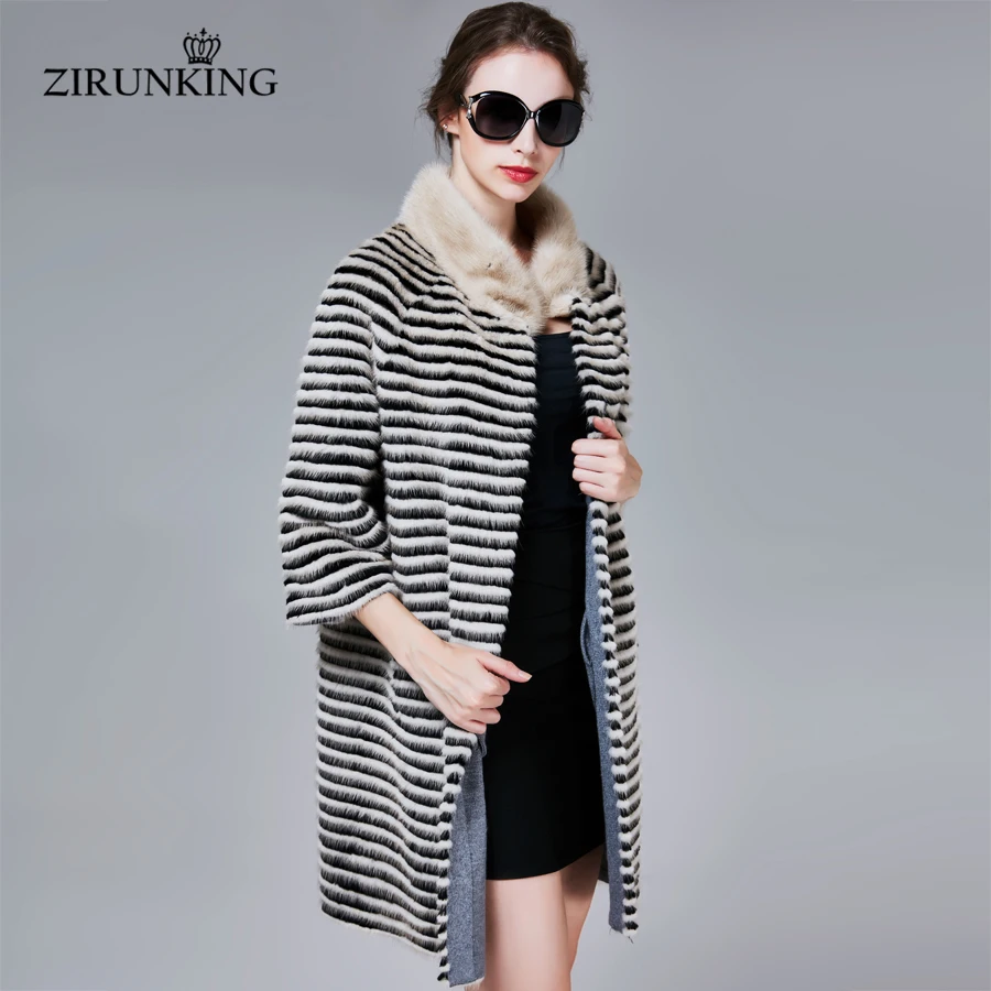 ZIRUNKING Classic Real Mink Fur Coat Female Long Natural Knitted Stripe Parka Autumn Warm Slim Shuba Fashion Clothing ZC1706 enlarge