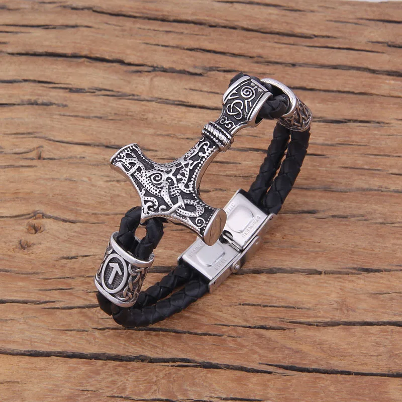 

Viking Thor's hammer Leather Bracelet with rune beads For Men Women 100% Leather and 100% Stainless steel