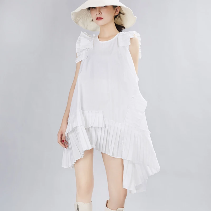 TWOTWINSTYLE Korean Solid Sleeveless Dress For Women O Neck Off Shoulder Oversized Ruffles Asymmetrical Dresses Female
