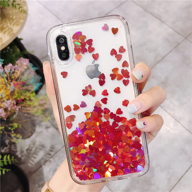Bling Sequins Red Love Heart Phone Cases For iPhone XS MAX XR X Transparent Hard PC Back Cover Case 6 6s 7 8 Plus |