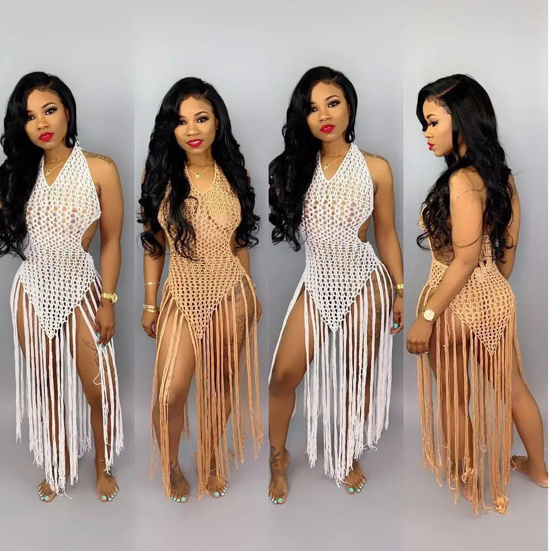 New Knit Crochet Cami Summer Beach Tassel Backless Top Women Hollow Out Halter Neck Fringe Tops Tees