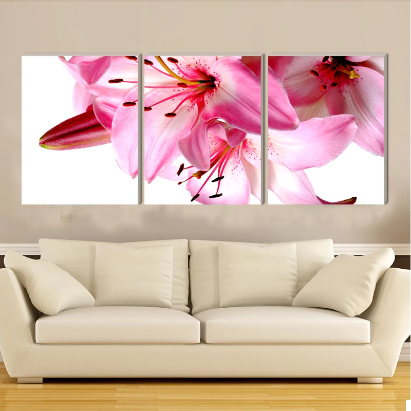 Beautiful pink Lily flower attractive canvas painting home deco art prints 3 psc realist wall pictures for restaurant cafe rooms | Дом и сад
