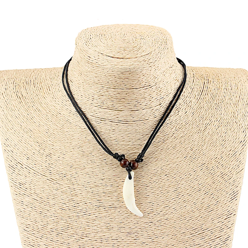 

2Pcs White Tooth Fangs Canine Real Wolf Tooth Pendant Neckalce Amulet Adjustable Black Wax Cotton Cord Necklace