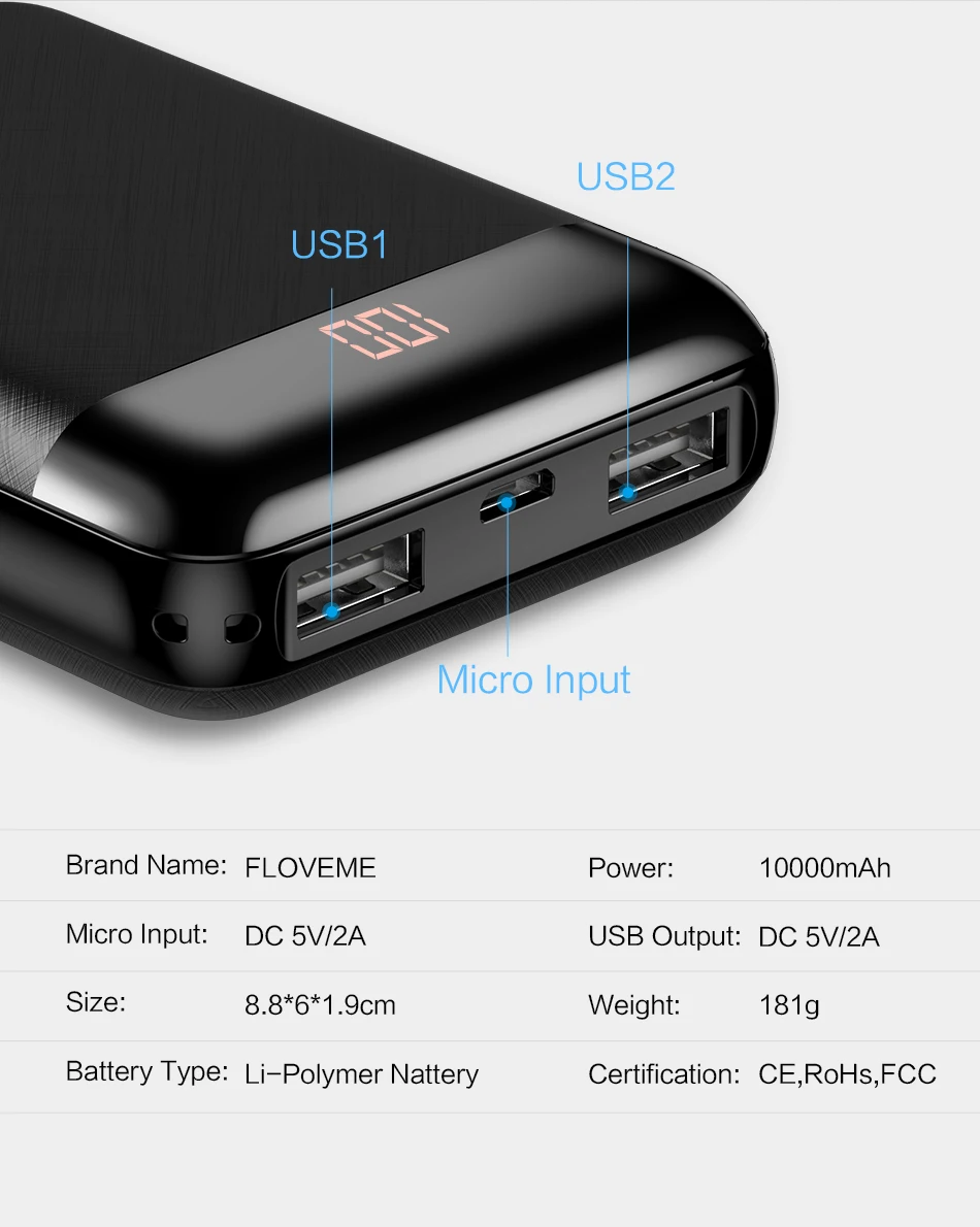 FLOVEME mi ni power Bank 10000 мАч для Xiaomi mi power bank Pover Bank зарядное устройство с двумя портами Usb внешний аккумулятор Poverbank портативный