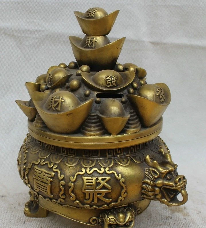 12 &quotКитай Медь Богатство Yuanbao Сокровище Чаша льва ручка благовония горелки