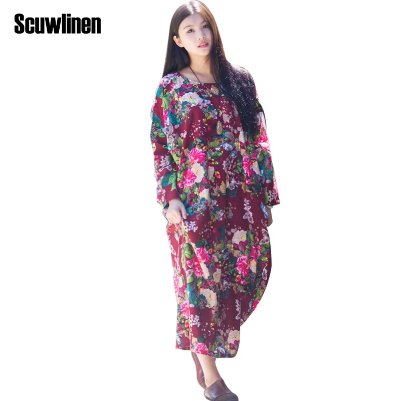 Женское винтажное льняное платье SCUWLINEN свободное повседневное с цветочным