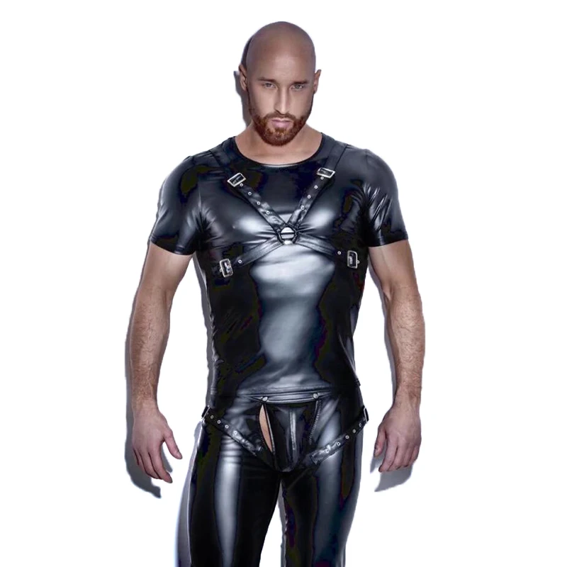 Мужской костюм из искусственной кожи Wetlook футболка с коротким рукавом и принтом