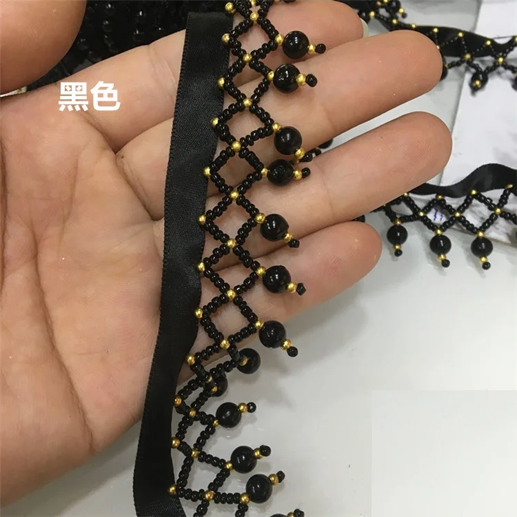 1Yards long white black hanging bead fringe beaded tassel lace trim gold beads garment dress decoration curtain ornaments Z725 | Дом и сад