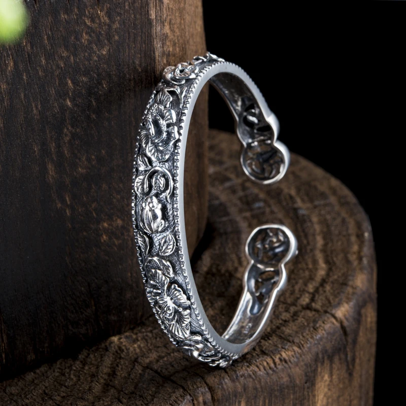 925 стерлингового серебра резной Пион цветок браслет Серебряный открытие Винтаж