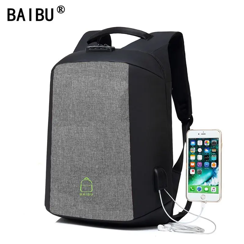 

BAIBU USB зарядный рюкзак для наушников, дорожный рюкзак с защитой от кражи, рюкзак для ноутбука, унисекс, школьный рюкзак с отверстием для наушн...