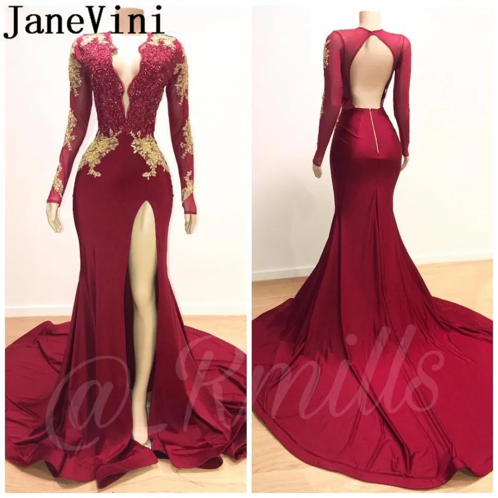 JaneVini Abito Lungo Vintage Evening Dress Long Sleeves Burgundy Gold Appliqued Party Gowns Mermaid Slit V Neck Formal Dresses | Свадьбы и