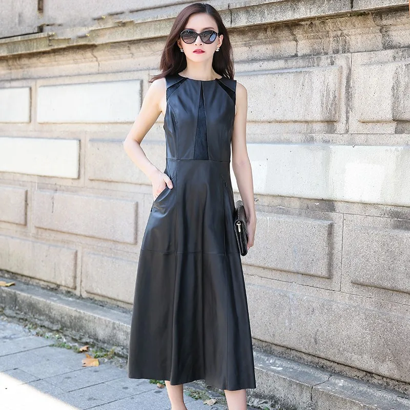 Женское длинное платье из натуральной кожи однотонное облегающее овечьей с