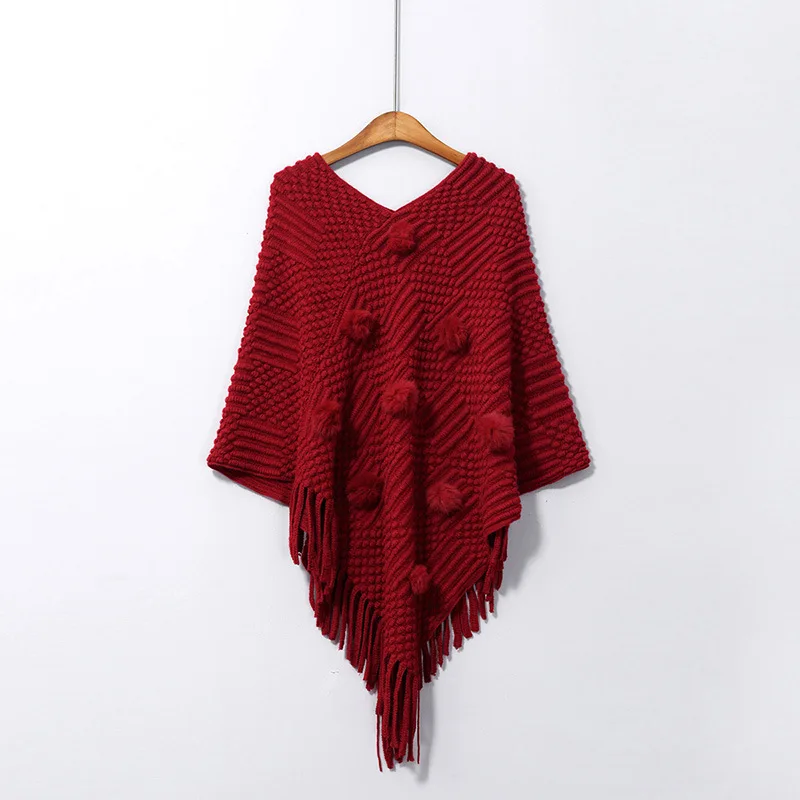 

PERHAPS U Women Knitted Pullovers Khaki Red Solid Loose Winter Tassel Hairball Capes C0031