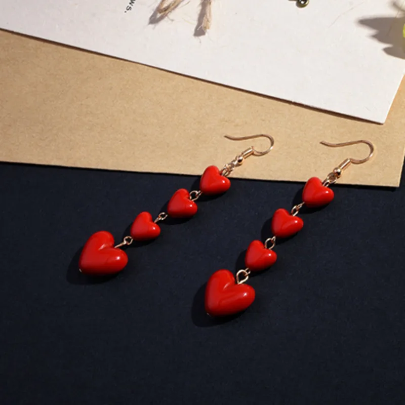 Женские серьги капельки с красным сердечком женские длинные Bijoux e0433|fashion long