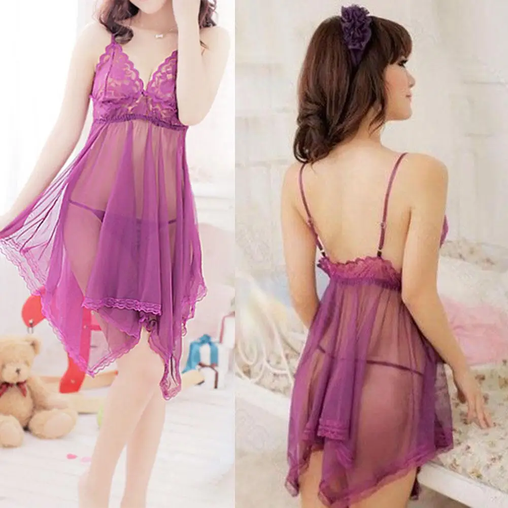 Женский сексуальный костюм Детали Мини-платье Нижнее белье Кружевной комплект Эротика + G-струны Дамская ночная одежда Фиолетовый.