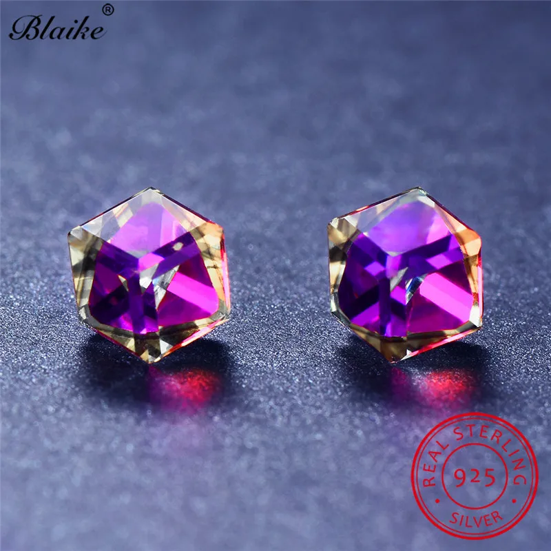 Женские квадратные серьги гвоздики Blaike из серебра 925 пробы с радужным кристаллом
