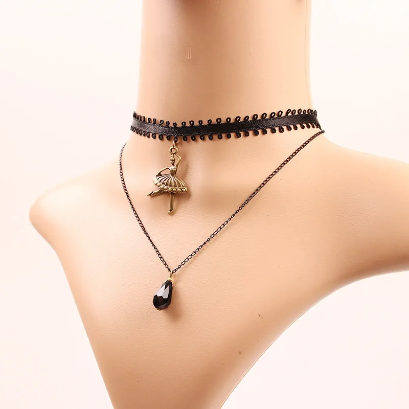 2017 Exquisite Black Lace Ballet Water Drop Crystal Pendant Double Layer Choker Necklace For Women Best Like Gift N258 |