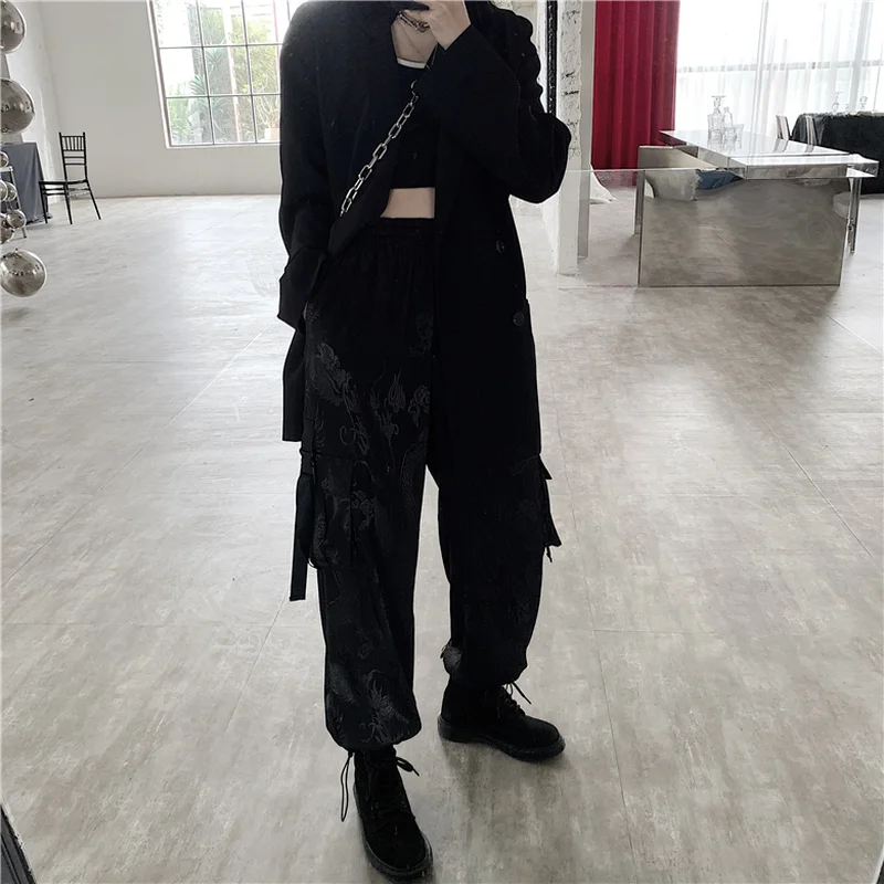 Женские брюки-карго Woherb в японском стиле Харадзюку с принтом дракона уличная