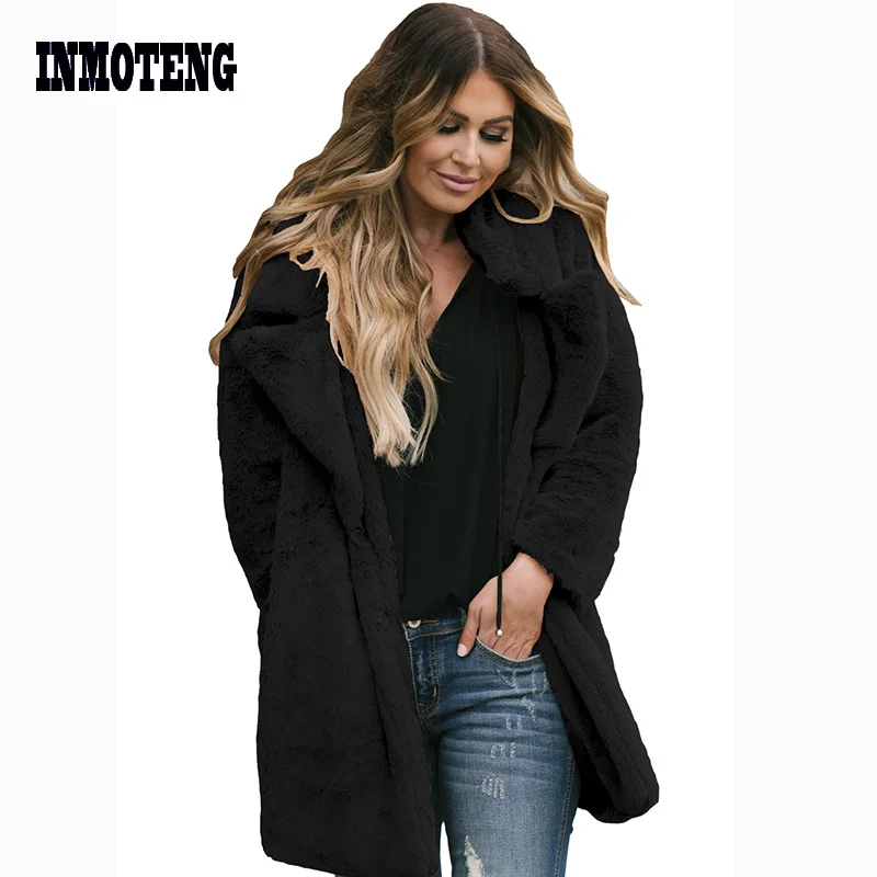 

Women Winter Thicken Warm Overcoat Female Gray/Coffee Pocketed Faux Fur Longline Coat Fashion Cardigans Jackets Plus Size XXL
