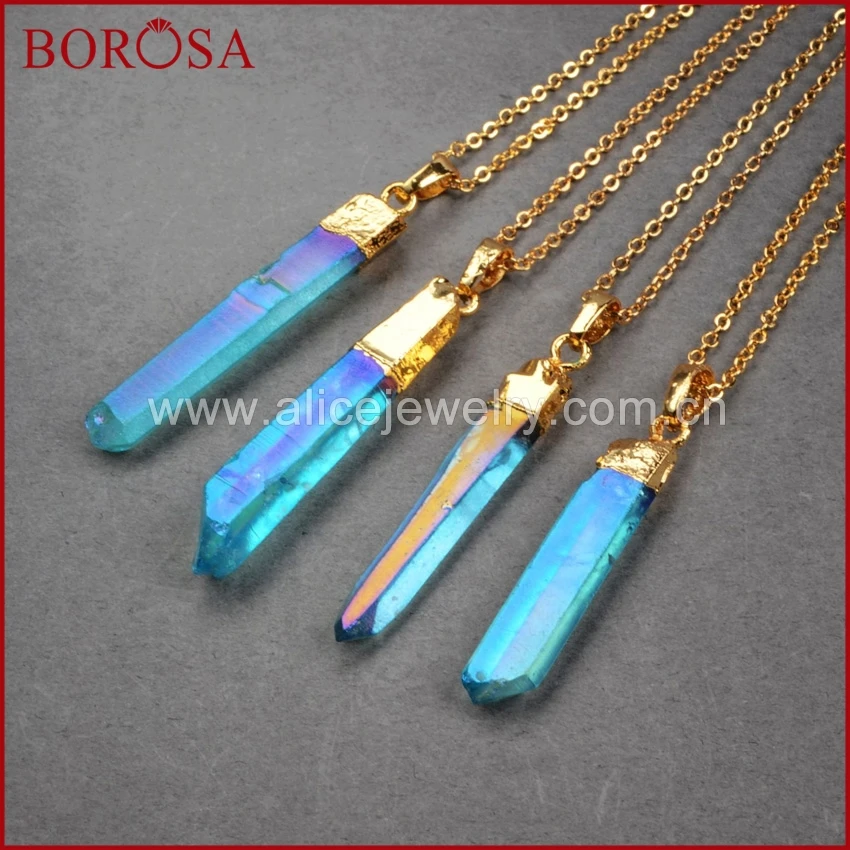 BOROSA 10 шт Druzy Кулон Золотой Цвет титановый кварцевый кристалл столб точка синий и AB