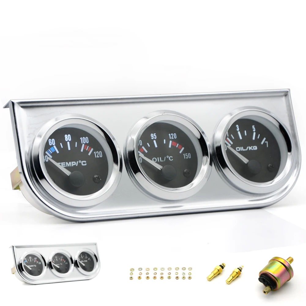 

3 IN 1 Kit Gauges 52mm Water Temp Oil Pressure Oil Temp Gauges Chrome Housing With Sensor