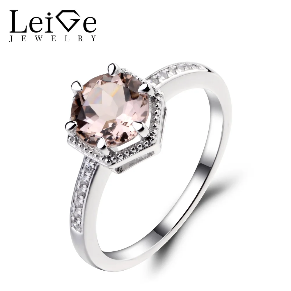 

Leige Jewelry Natural Morganite Ring Wedding Engagement Rings for Women Pink Gemstone Ring Round Cut Sterling Silver 925