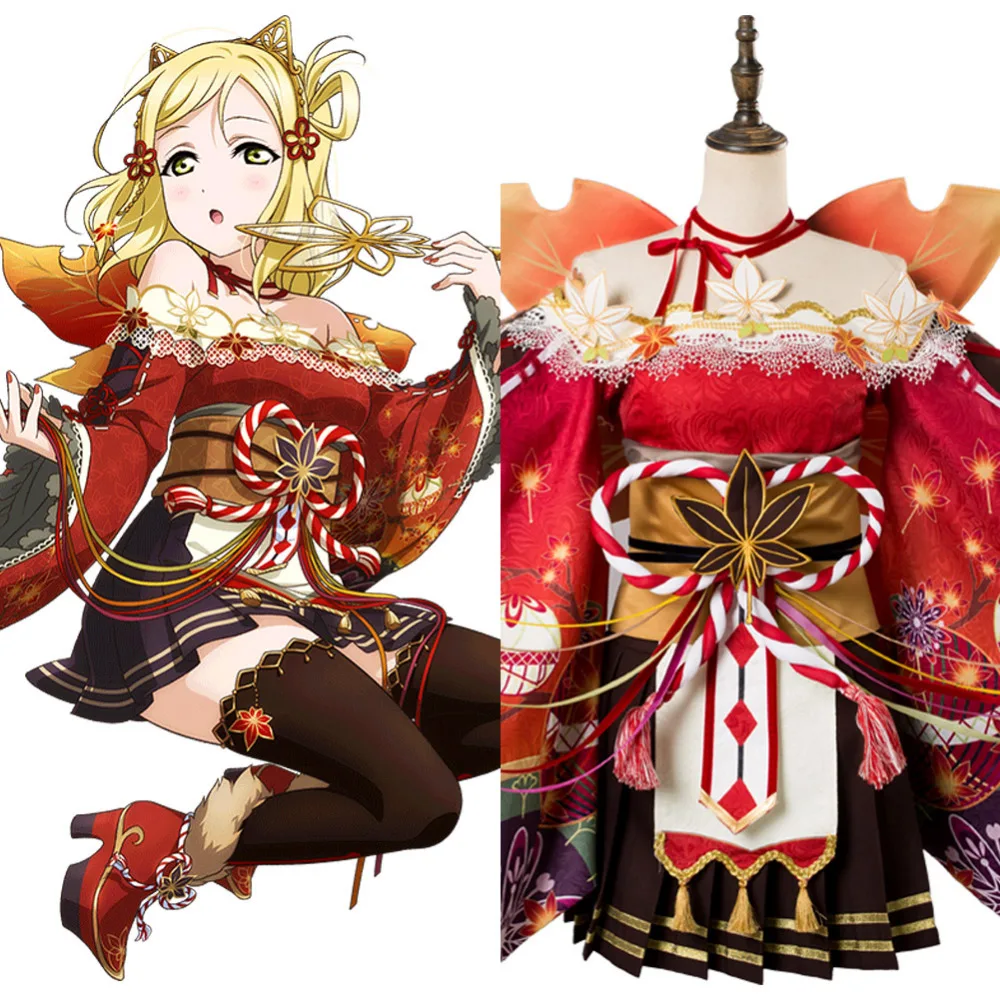 Lovelive sunshine Aqours красный кленовый листья Мари охара косплей костюм кимоно платье
