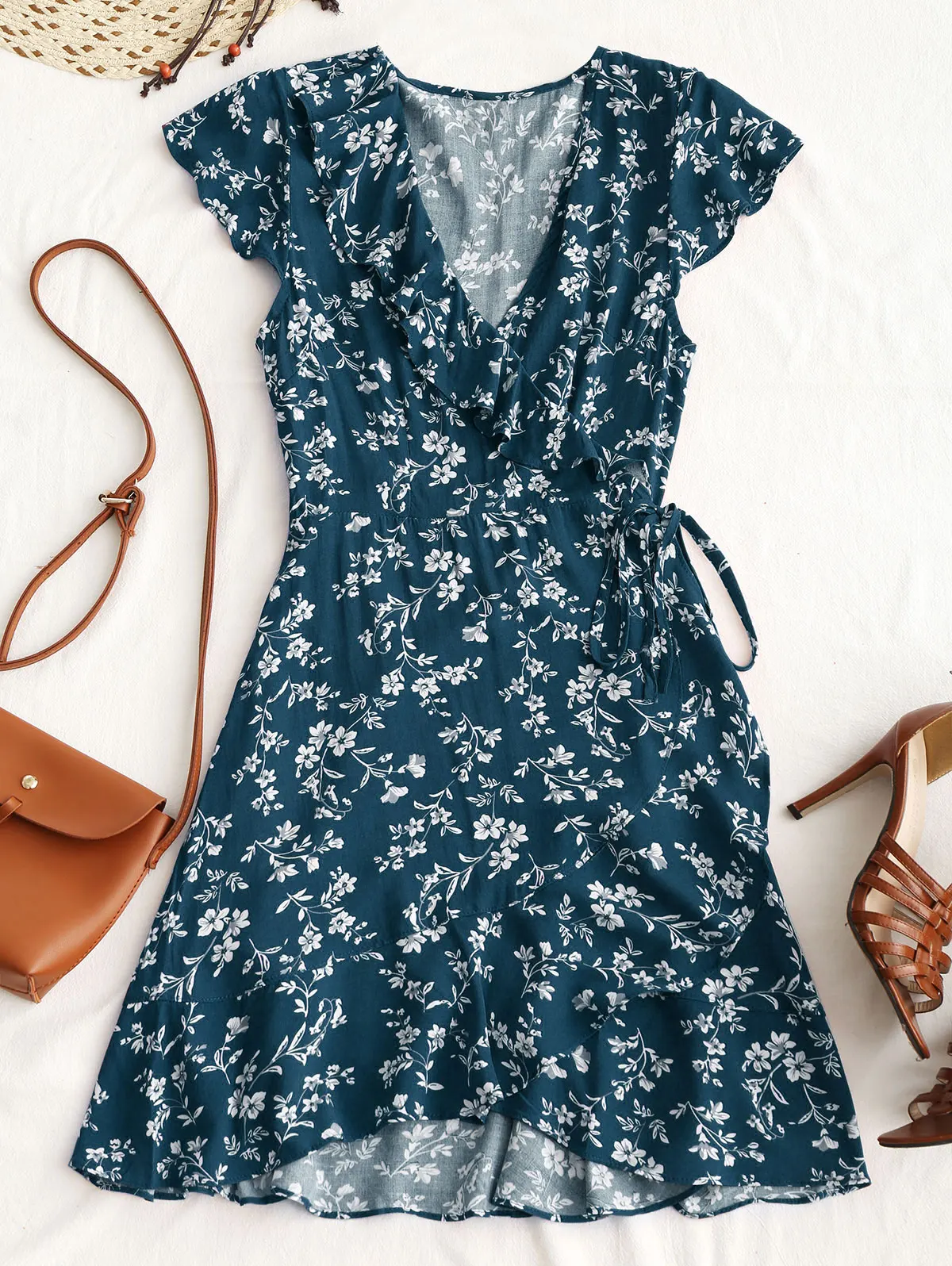 Ink Blue ZAFUL Летнее Платье Женщины Цветочные Рюшами Boho Платье Мода V Шеи Повседневные Пляжные Платья Бальные платья Женская длинная юбка новая - Цвет: Ink Blue