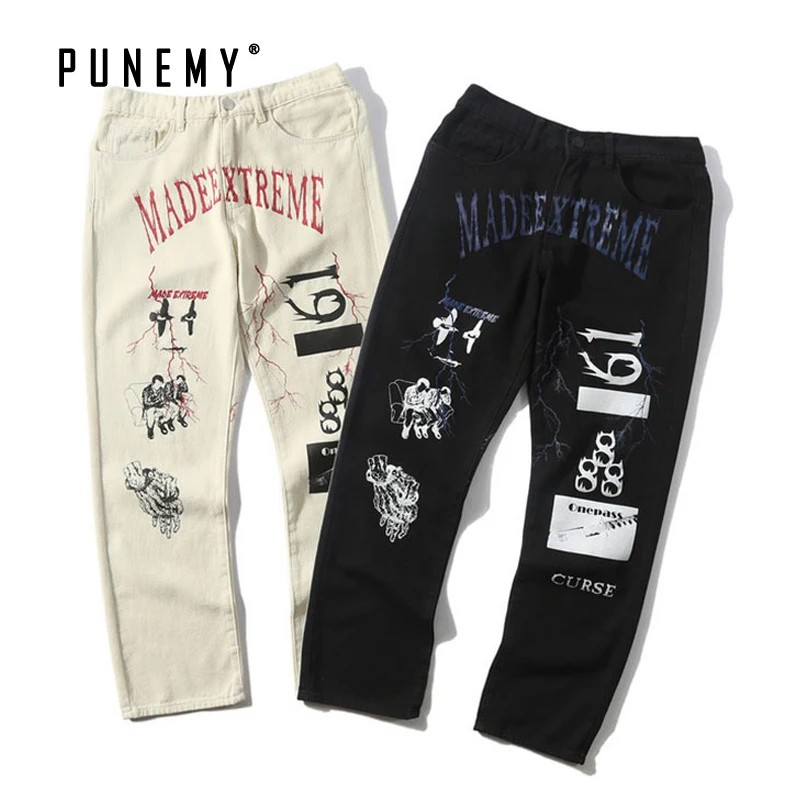 Мужские белые джинсы винтажные с графическим принтом большие размеры хип хоп