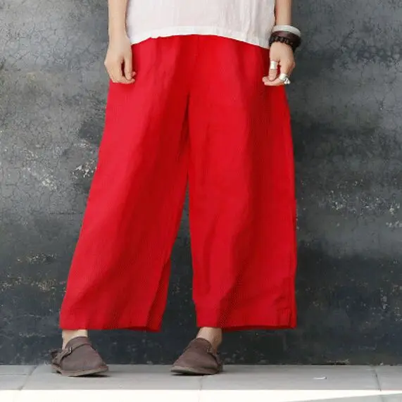 Free shipping summer new women's elastic waist loose solid color ramie breathable wide leg pants S143 | Женская одежда