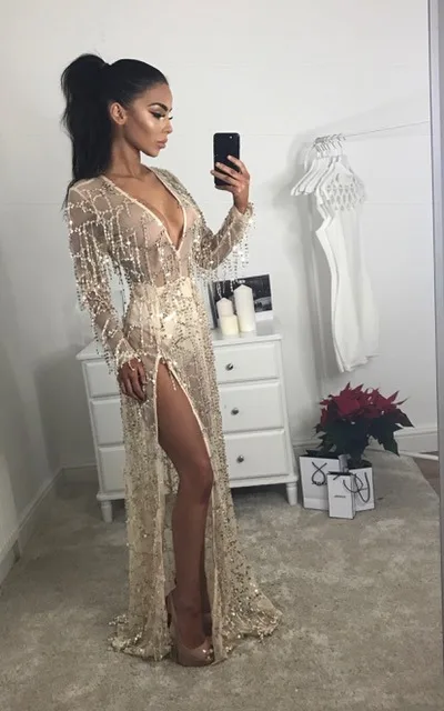 2018 Sexy Women Sequin Glitter See Through Mesh Party Club Evening Special Occasion Bodycon Dress Deep V Neck Long | Женская одежда
