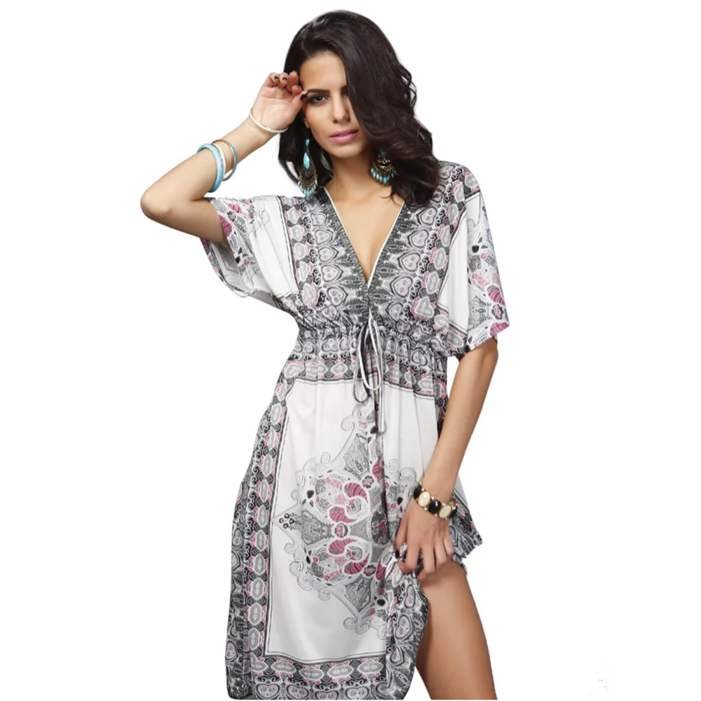 Пляжное платье с принтом туника пляжная одежда V образным вырезом женская