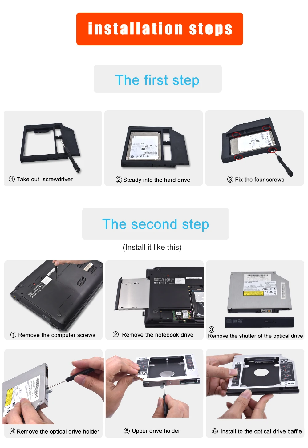 TISHRIC пластик Optibay 2nd HDD Caddy 9,5 мм SATA 3,0 коробка для жесткого диска корпус 2,5 SSD чехол DVD адаптер для ноутбука CD-ROM