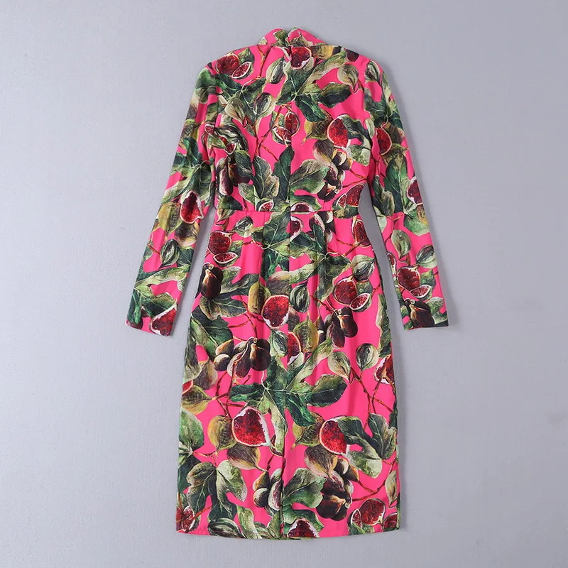 

Fashion Runway Dress Women's Long Sleeve High Quality Bow Elegant Fig Printed Midi Slim Dress Vestido Plus Size Dresses