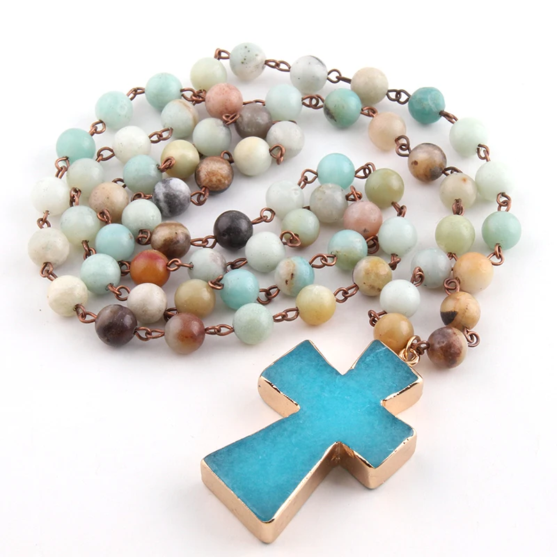

Бесплатная доставка цепочка с камни амазонита синий крест кулон этническое ожерелье богемные Этнические украшения