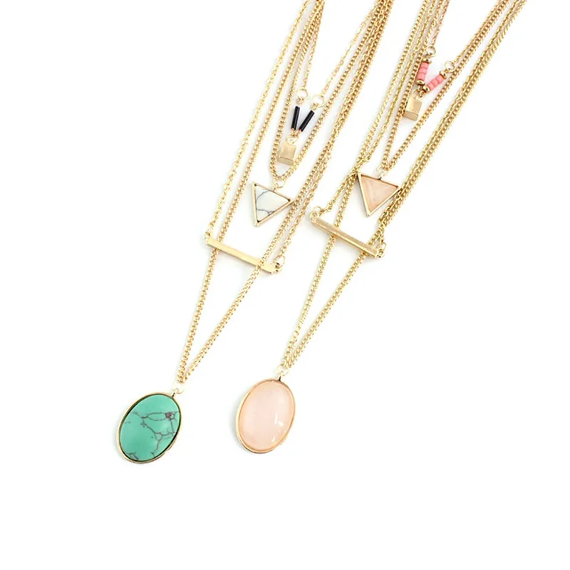 Multilayer Rose Pink Quartz Kallaite Natural Stone Pendant Short Gold Chain Necklaces Geometric Circle Accessories Jewelry | Украшения и