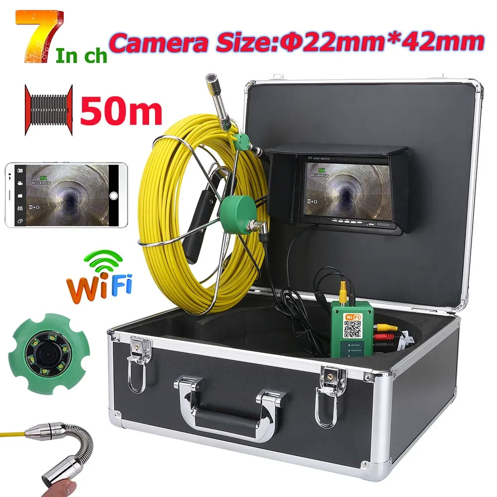 

MOUNTAINONE 7inch WiFi Wireless DVR 22mm Pipe Sewer Inspection Video Camera System IP68 1000 TVL Camera with 8pcs LED APP 50m