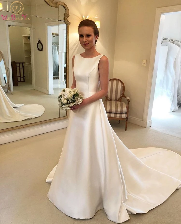 

Cheap Boho Wedding Dress A-line Jewel Neck Backless With Big Bow Satin Simple Sweep Train Sleeveless Country Wedding Bride Gown