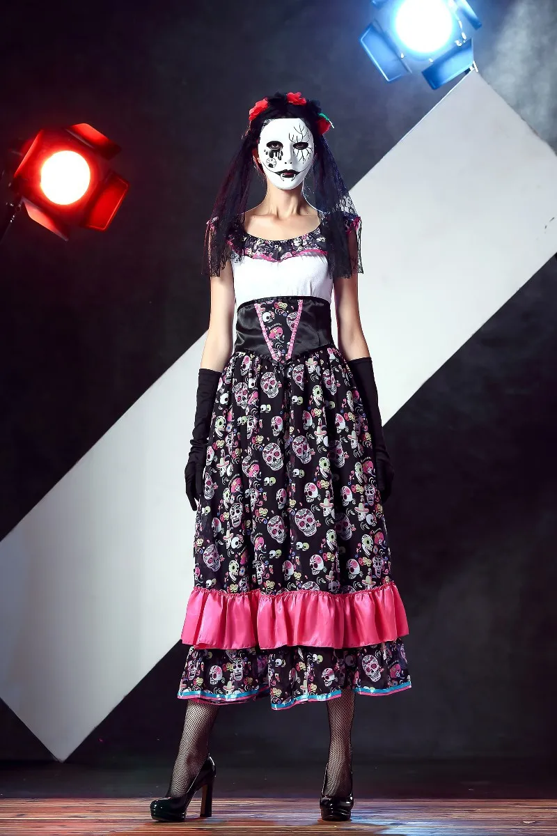 День мертвых испанских Леди Костюм призрак невесты Череп печати платье Weid