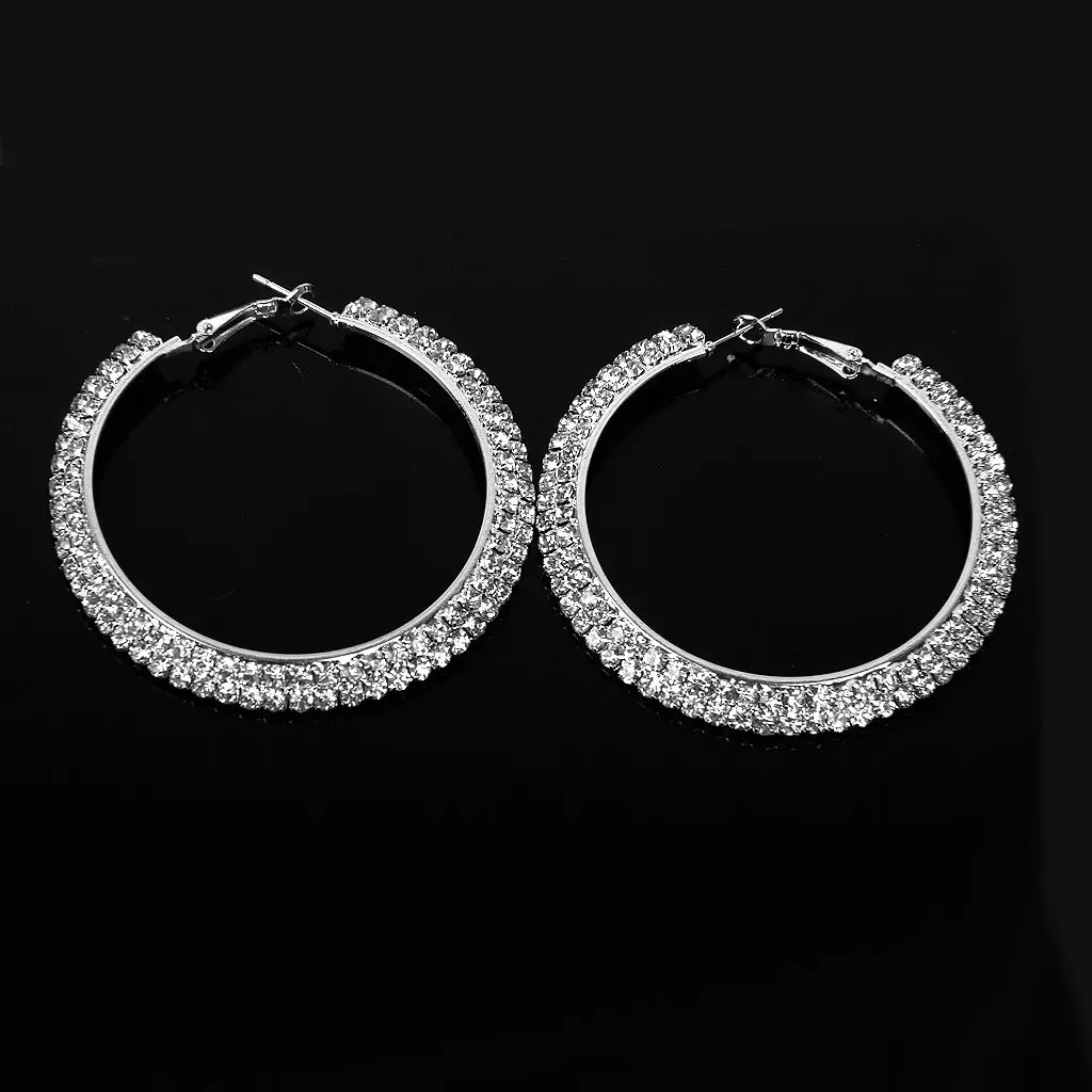 1 pair Earrings Alloy Creoles Decorated 2-Row Rhinestone Diameter 60mm - Silver-Color |