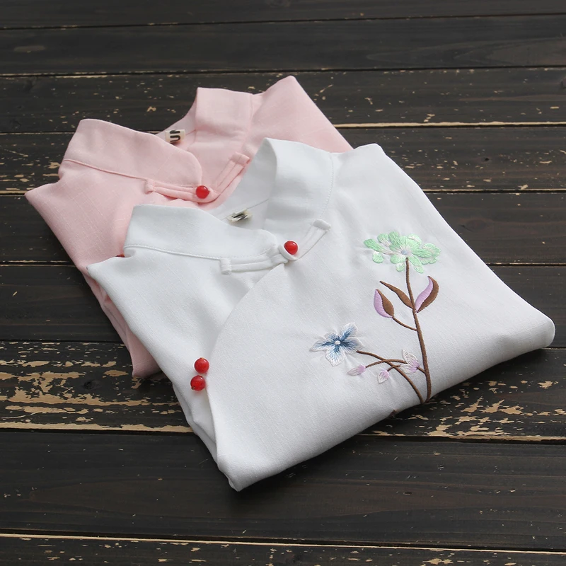 

Ladies Chinese Tops 2019 New Summer Cotton Linen Embroidered Chinese Shirt Tea Traditional Chinese Clothing For Women