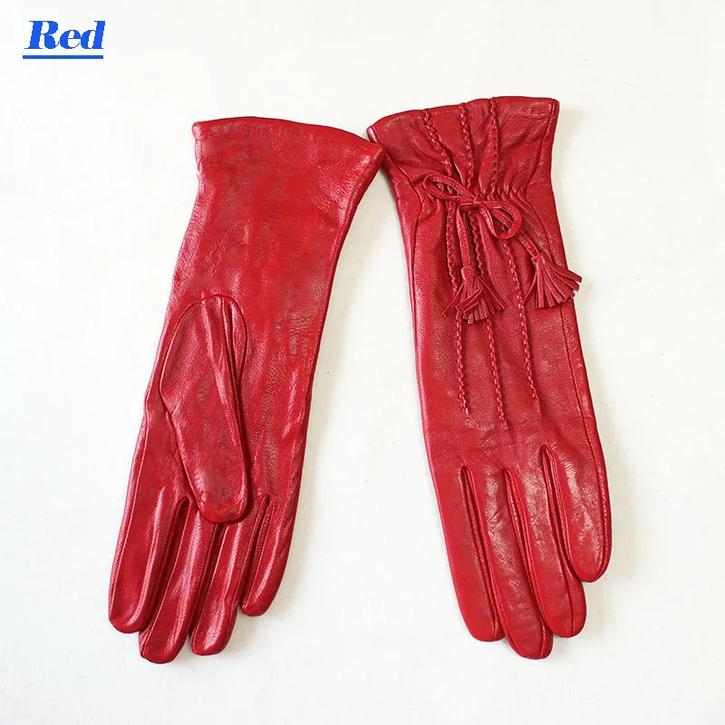 Красный Leather gloves women's sheepskin gloves long stripe style plus velvet warm autumn and winter windproof gloves free shipping - Цвет: Красный