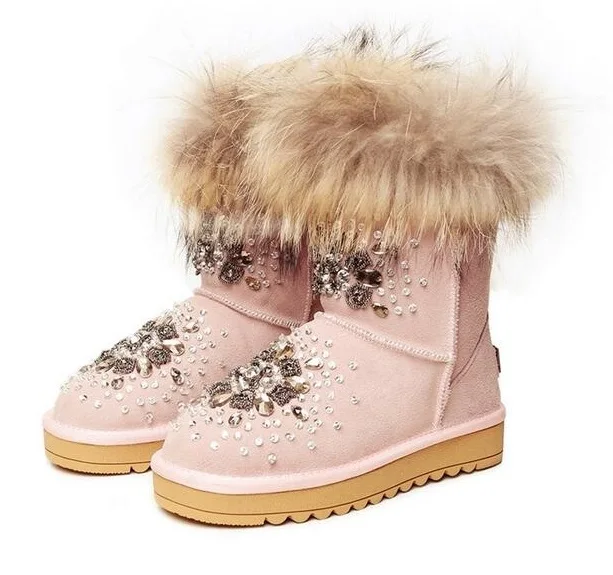 

Warm Winter/Spring Fur Boots Women Crystal Floral Solid Black/Pink Ankle Snow Boots Round Toe Flat with Women Shoe Drop Ship